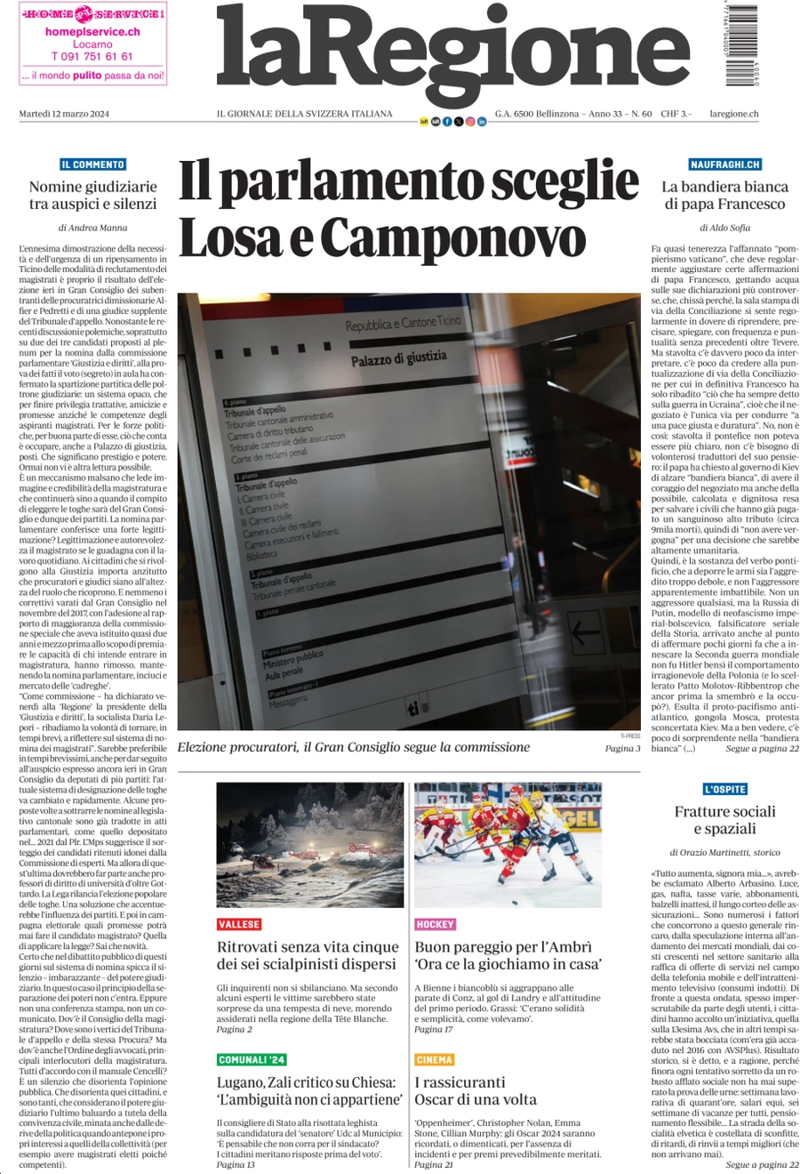 anteprima della prima pagina di la-regione del 12/03/2024