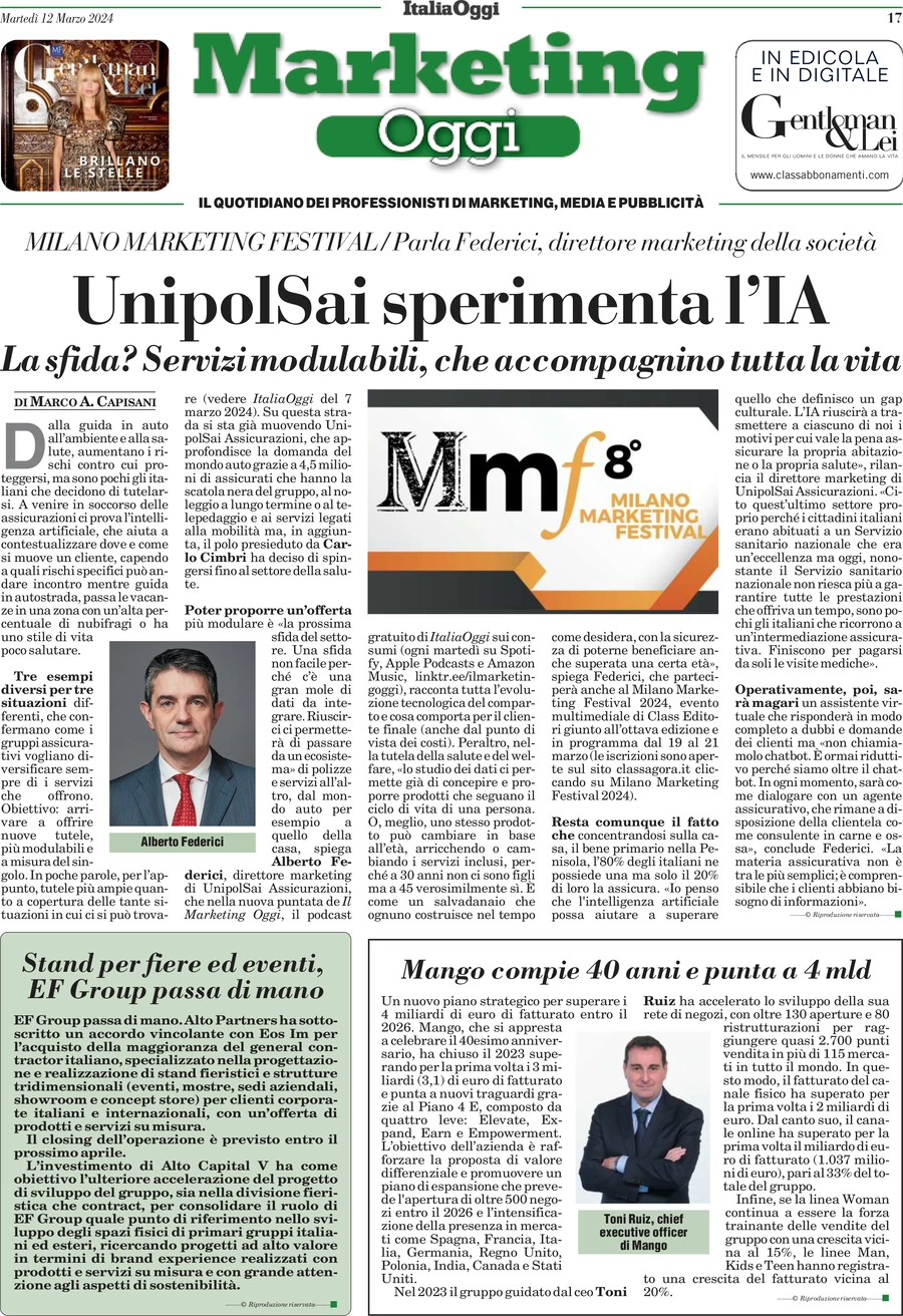 anteprima della prima pagina di marketing-oggi del 12/03/2024