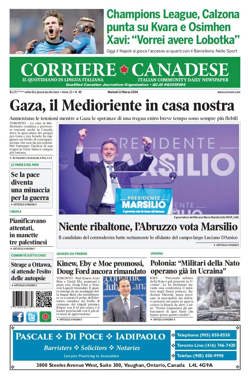 anteprima della prima pagina di corriere-canadese del 12/03/2024