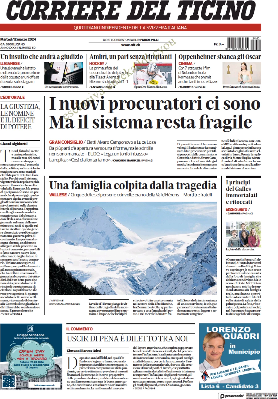 anteprima della prima pagina di corriere-del-ticino del 12/03/2024