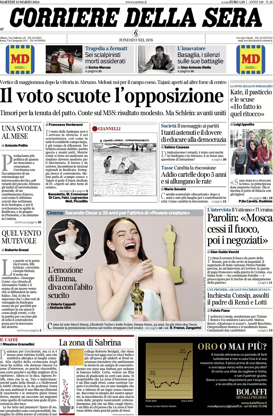 anteprima della prima pagina di corriere-della-sera del 12/03/2024