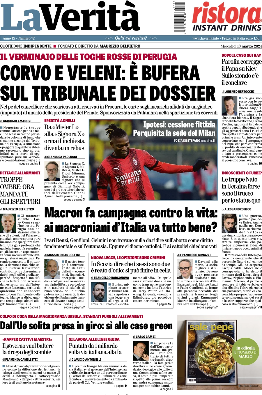 anteprima della prima pagina di la-verit del 13/03/2024