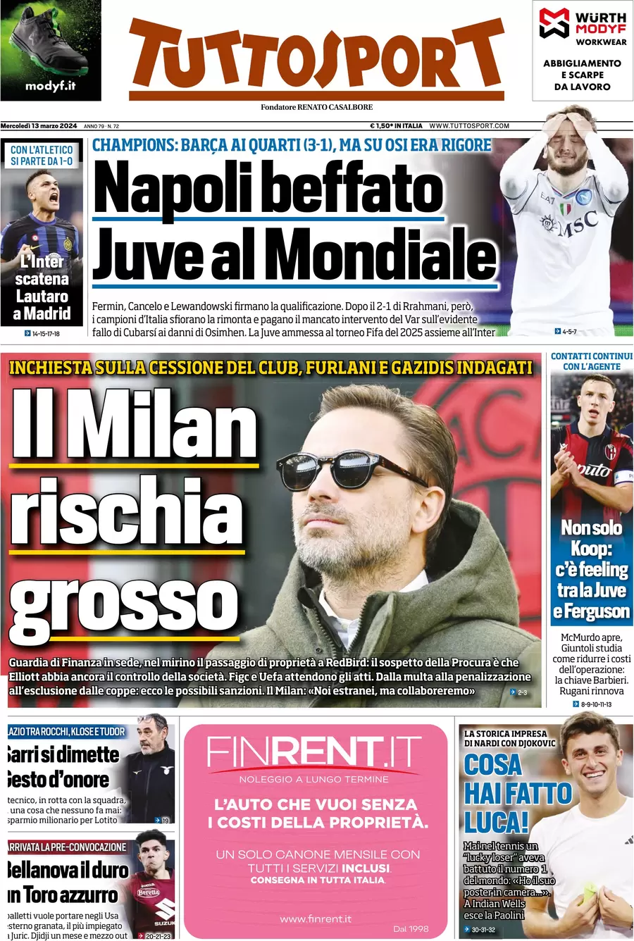 anteprima della prima pagina di tuttosport del 13/03/2024