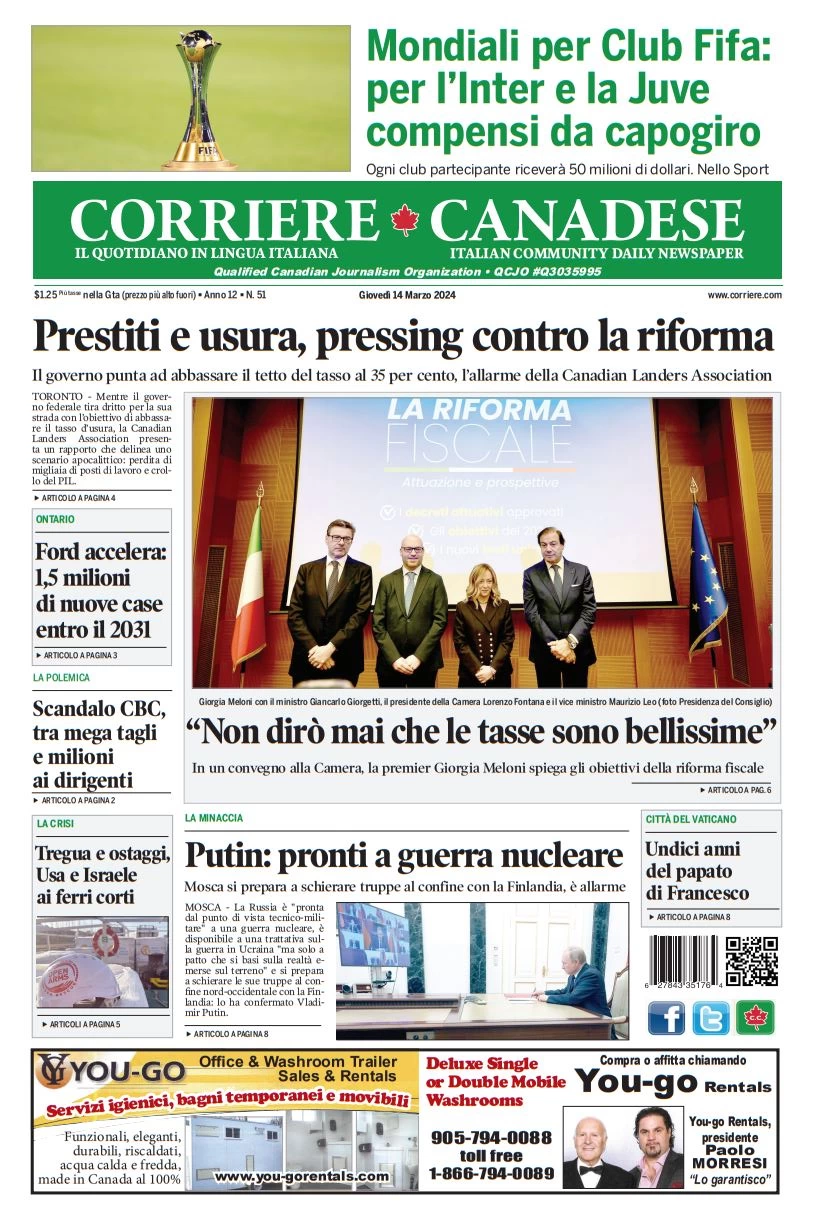 anteprima della prima pagina di corriere-canadese del 13/03/2024