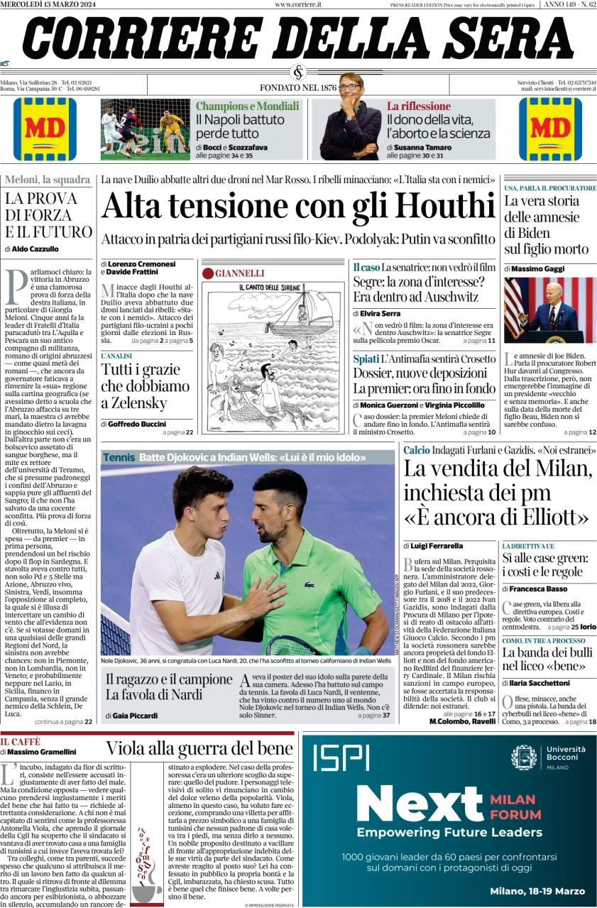 anteprima della prima pagina di corriere-della-sera del 13/03/2024