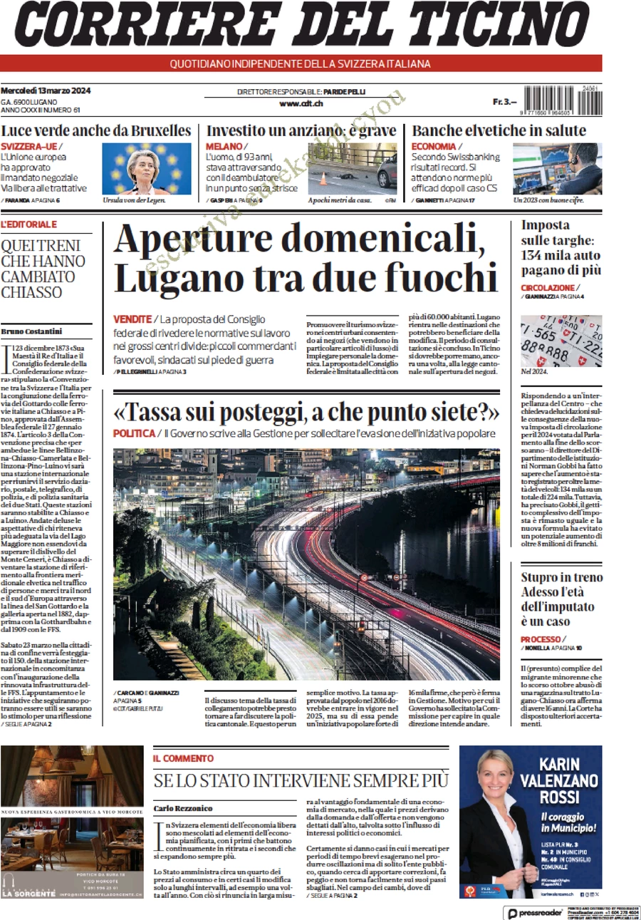 anteprima della prima pagina di corriere-del-ticino del 13/03/2024