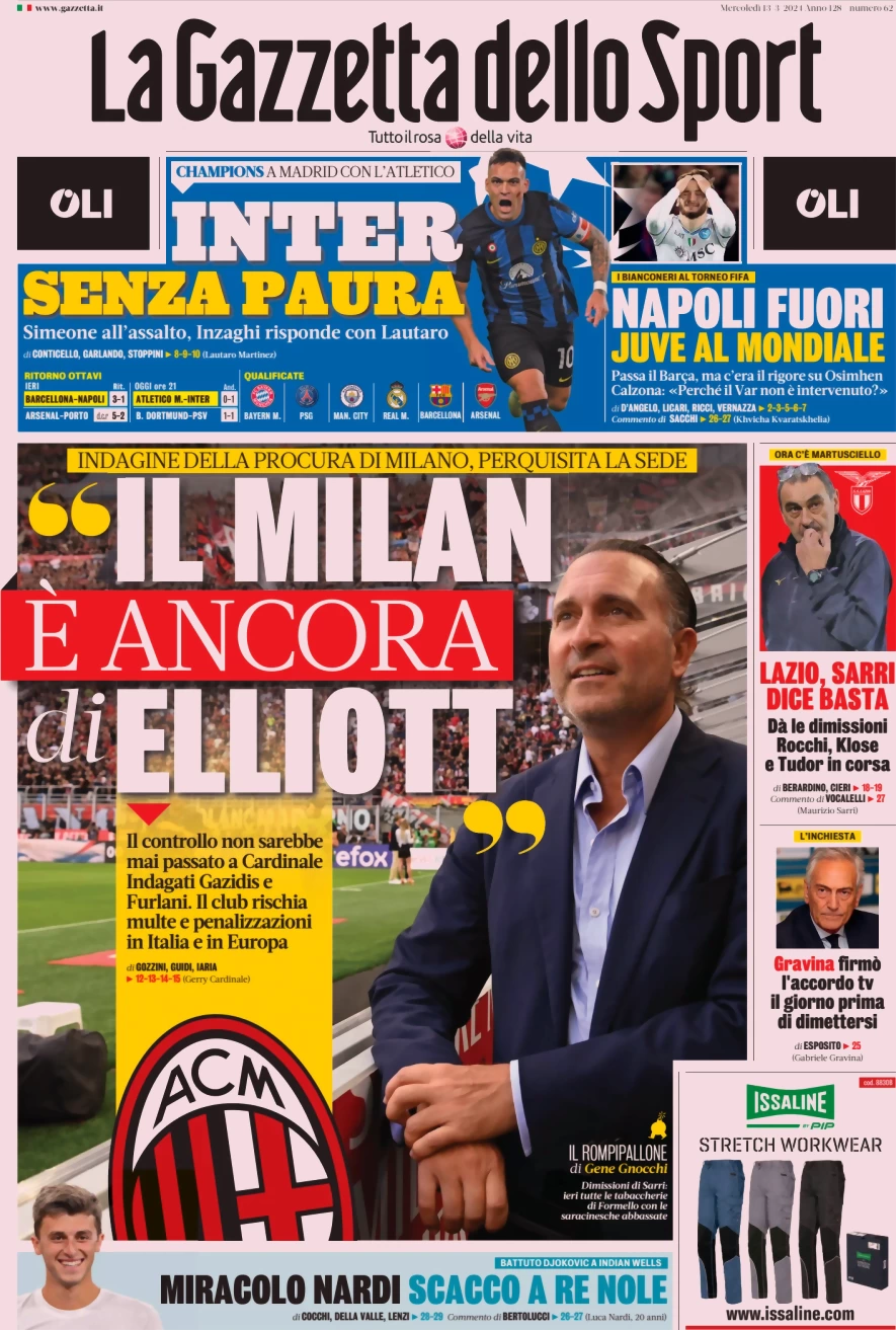 anteprima della prima pagina di la-gazzetta-dello-sport del 13/03/2024