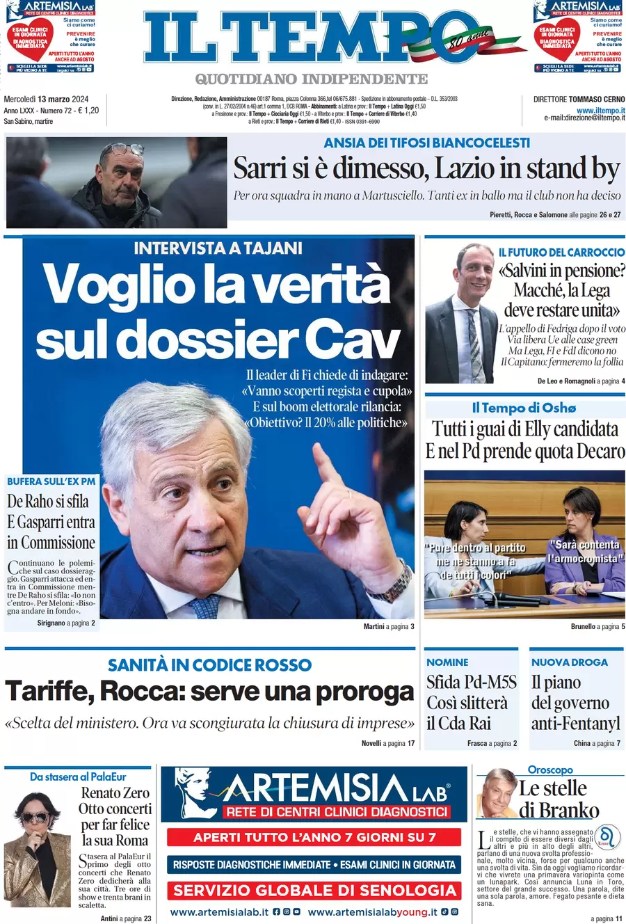 anteprima della prima pagina di il-tempo del 13/03/2024