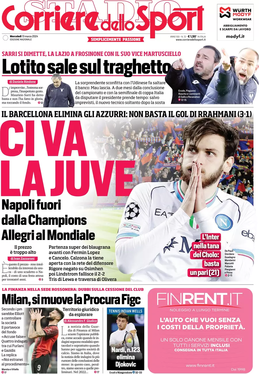 anteprima della prima pagina di corriere-dello-sport del 13/03/2024