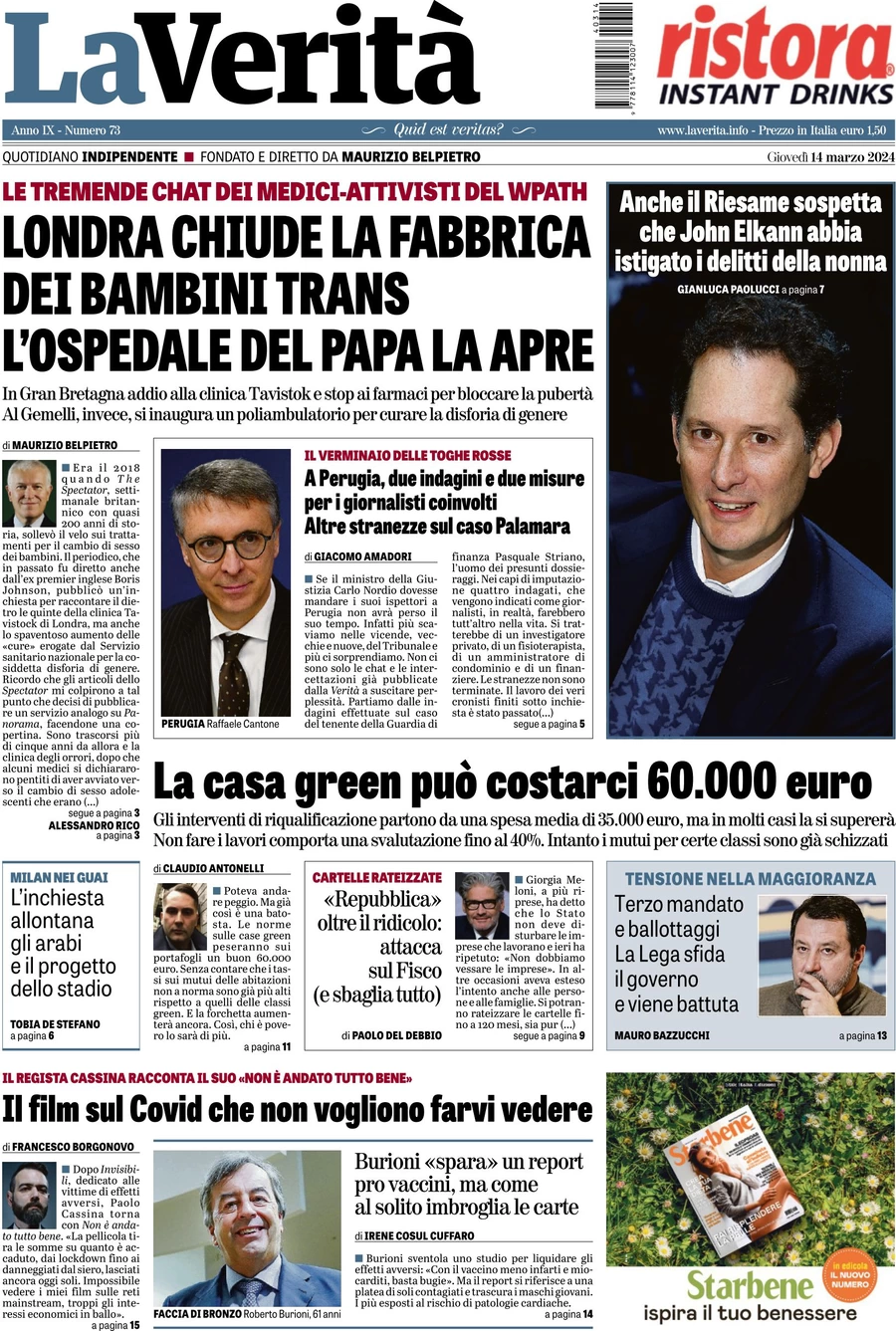 anteprima della prima pagina di la-verit del 14/03/2024