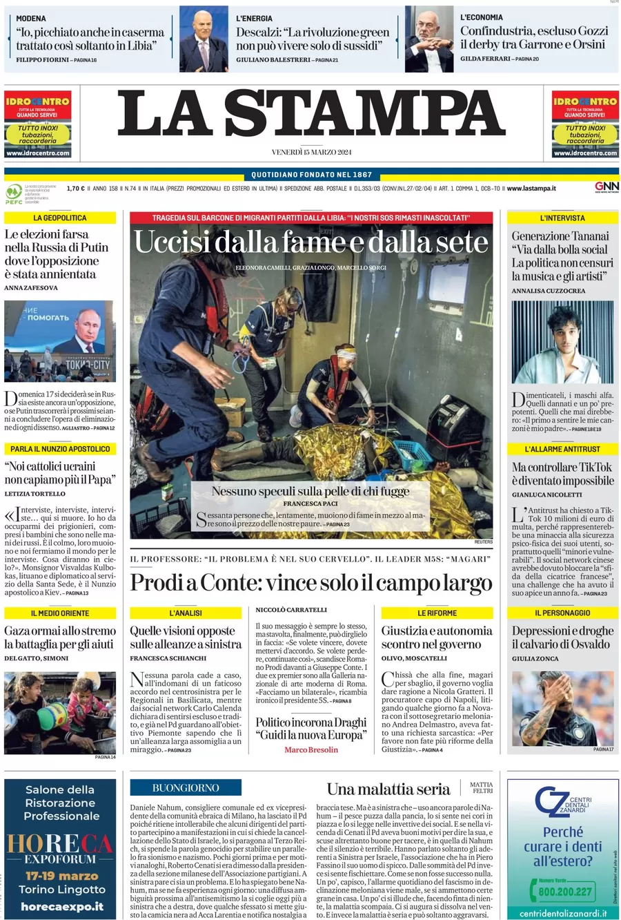 anteprima della prima pagina di la-stampa del 14/03/2024