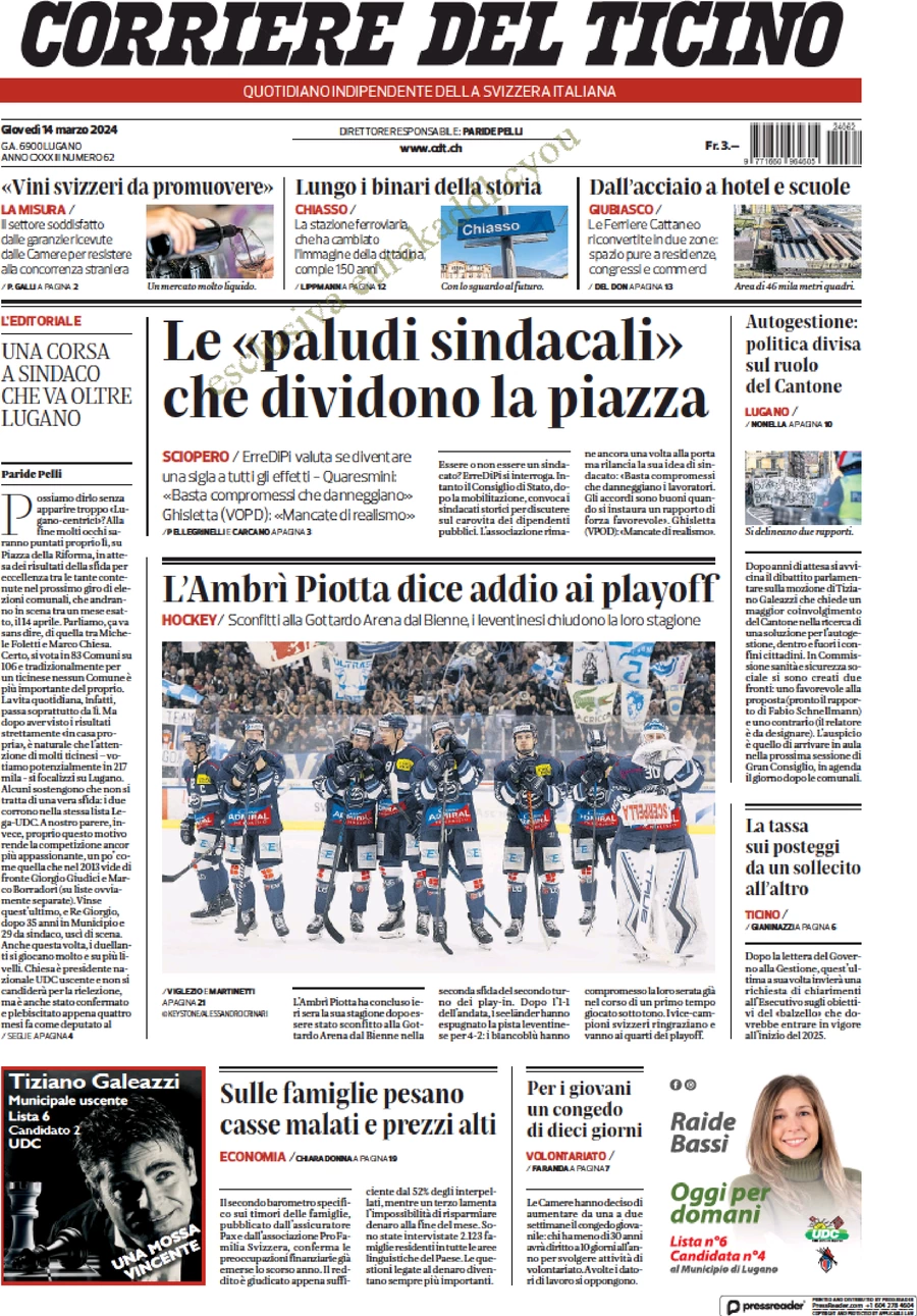 anteprima della prima pagina di corriere-del-ticino del 14/03/2024