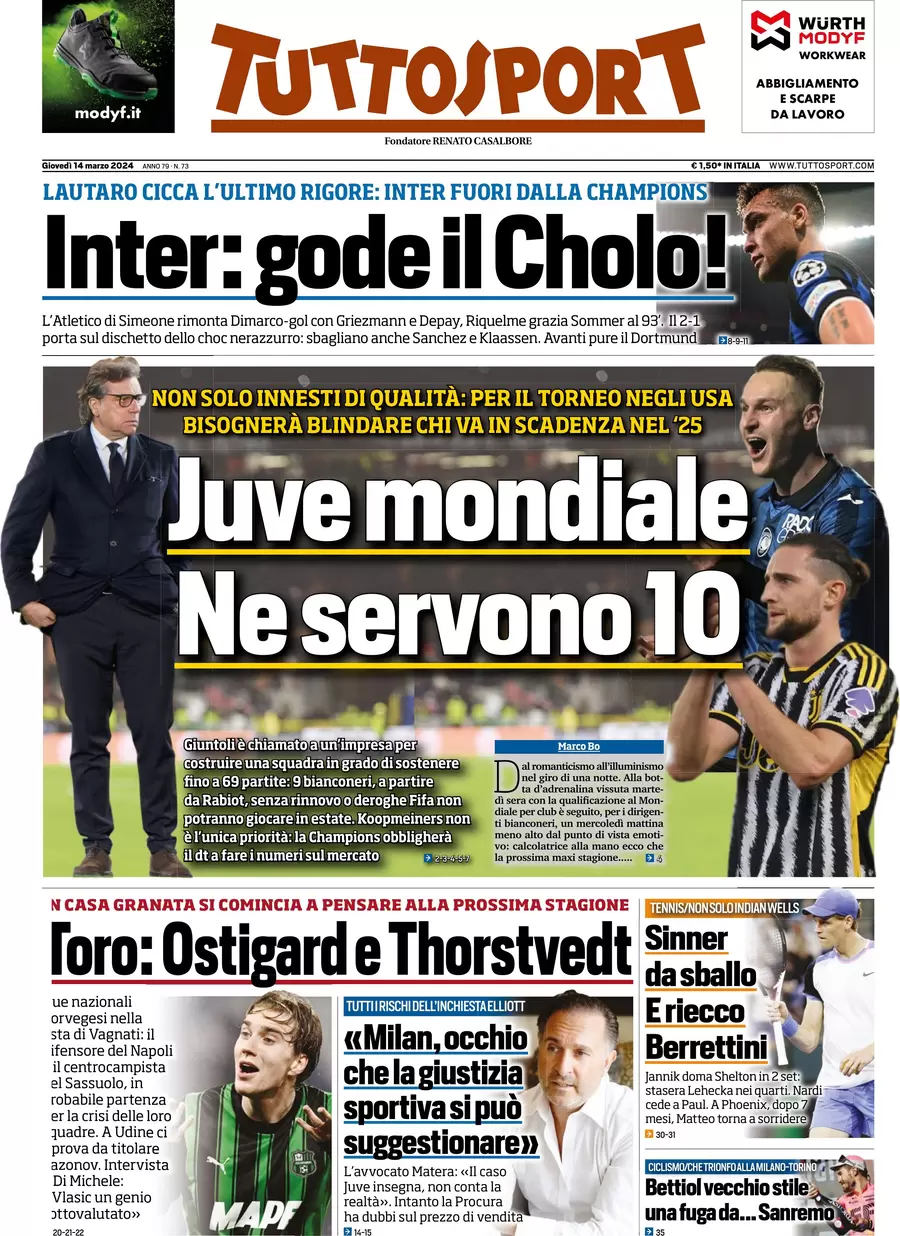 anteprima della prima pagina di tuttosport del 14/03/2024