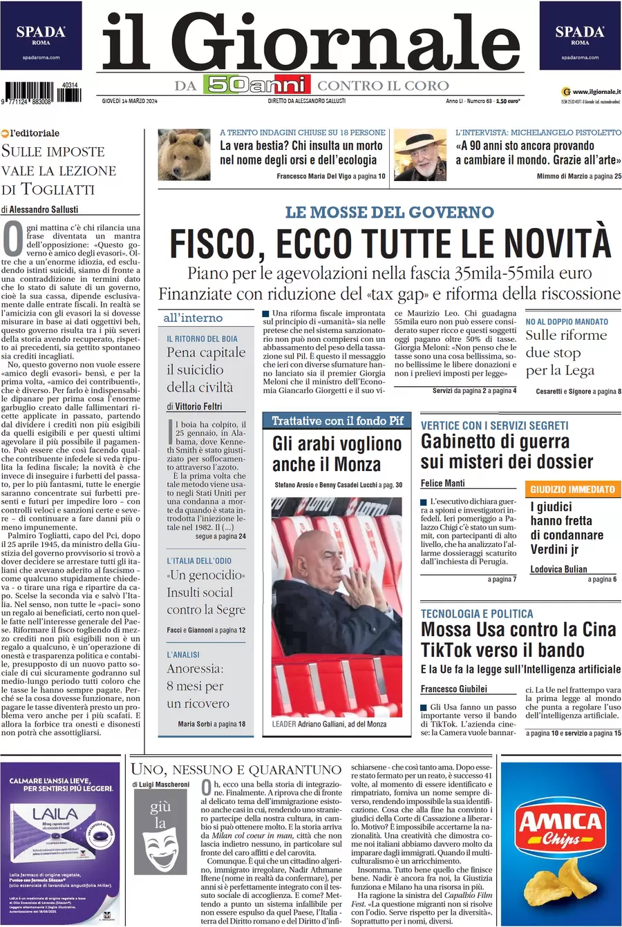 anteprima della prima pagina di il-giornale del 14/03/2024