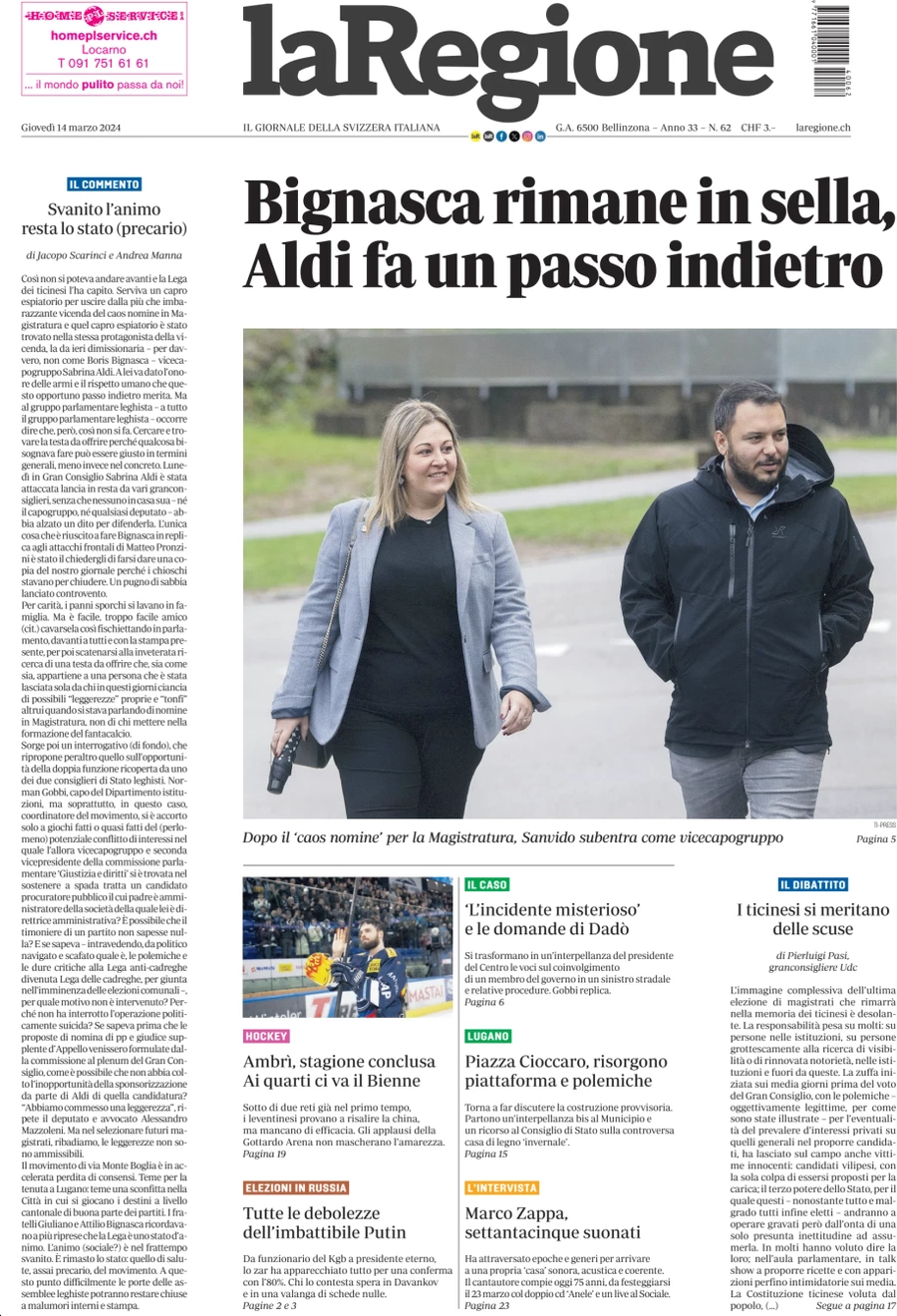 anteprima della prima pagina di la-regione del 14/03/2024