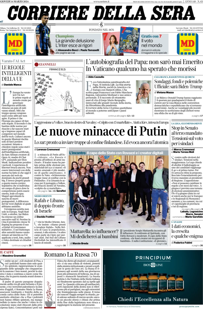 anteprima della prima pagina di corriere-della-sera del 14/03/2024