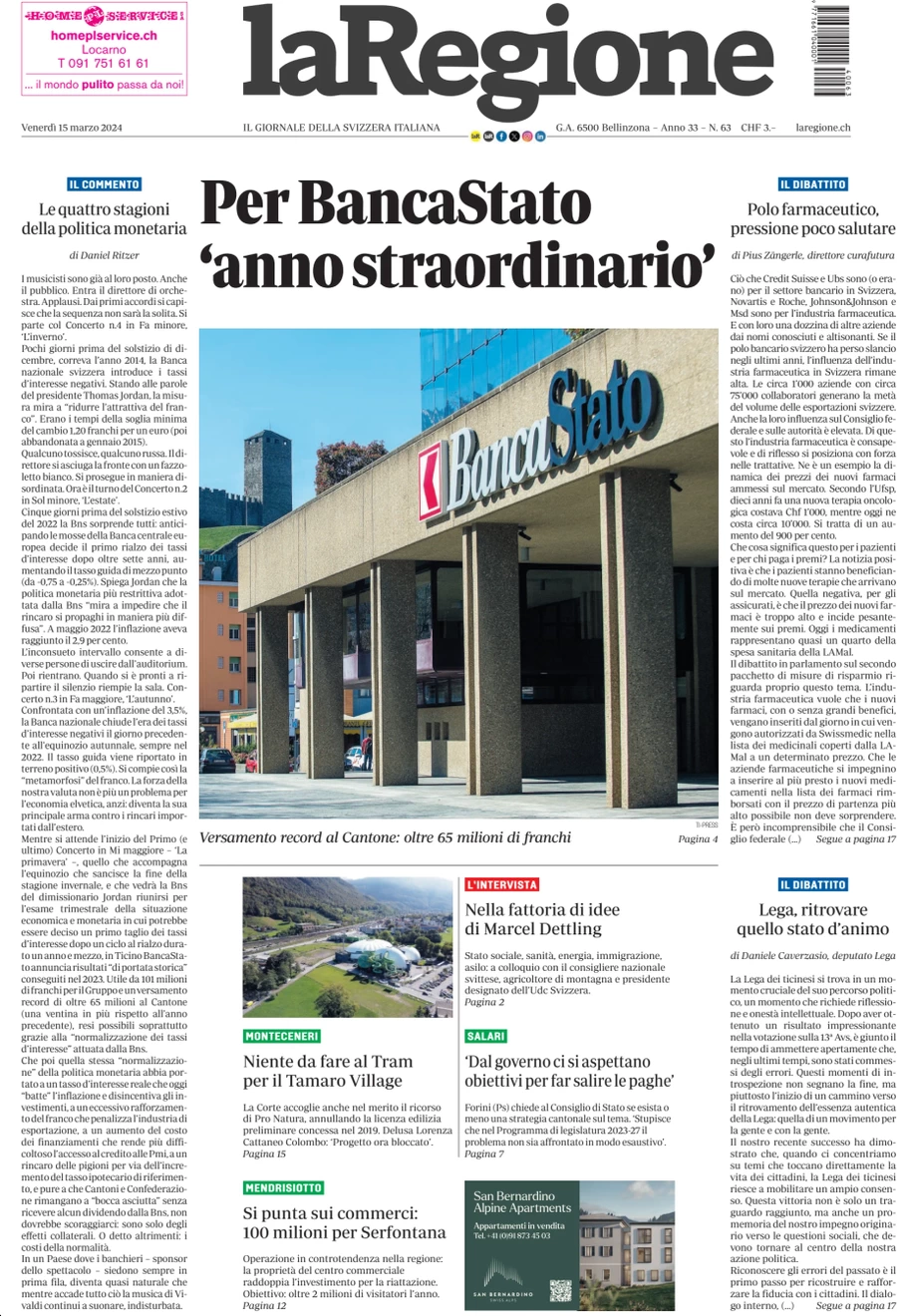 anteprima della prima pagina di la-regione del 15/03/2024