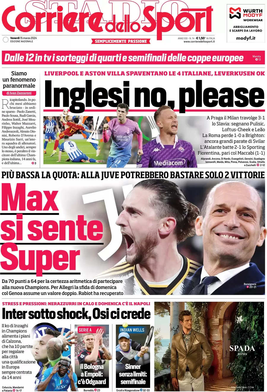 anteprima della prima pagina di corriere-dello-sport del 15/03/2024