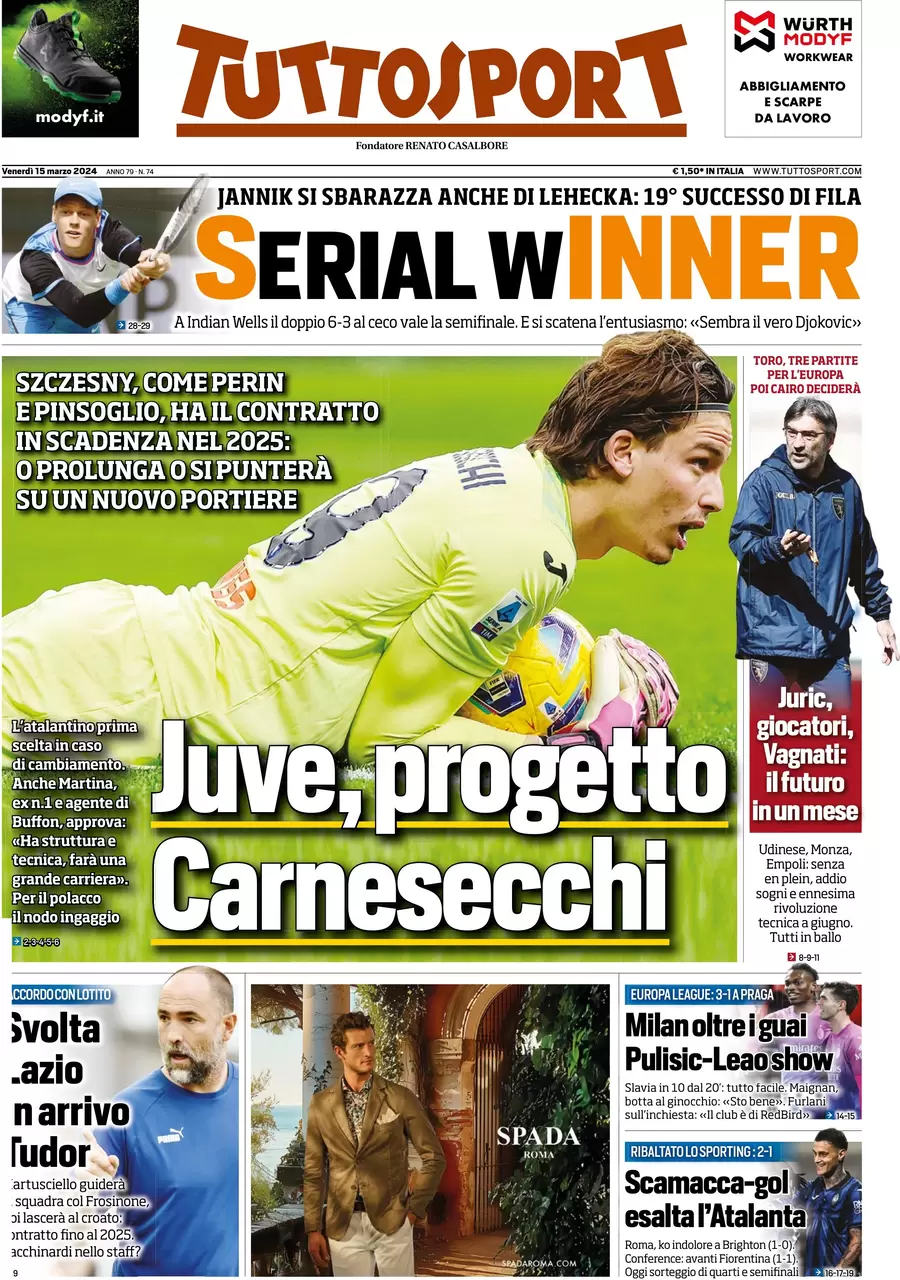 anteprima della prima pagina di tuttosport del 15/03/2024