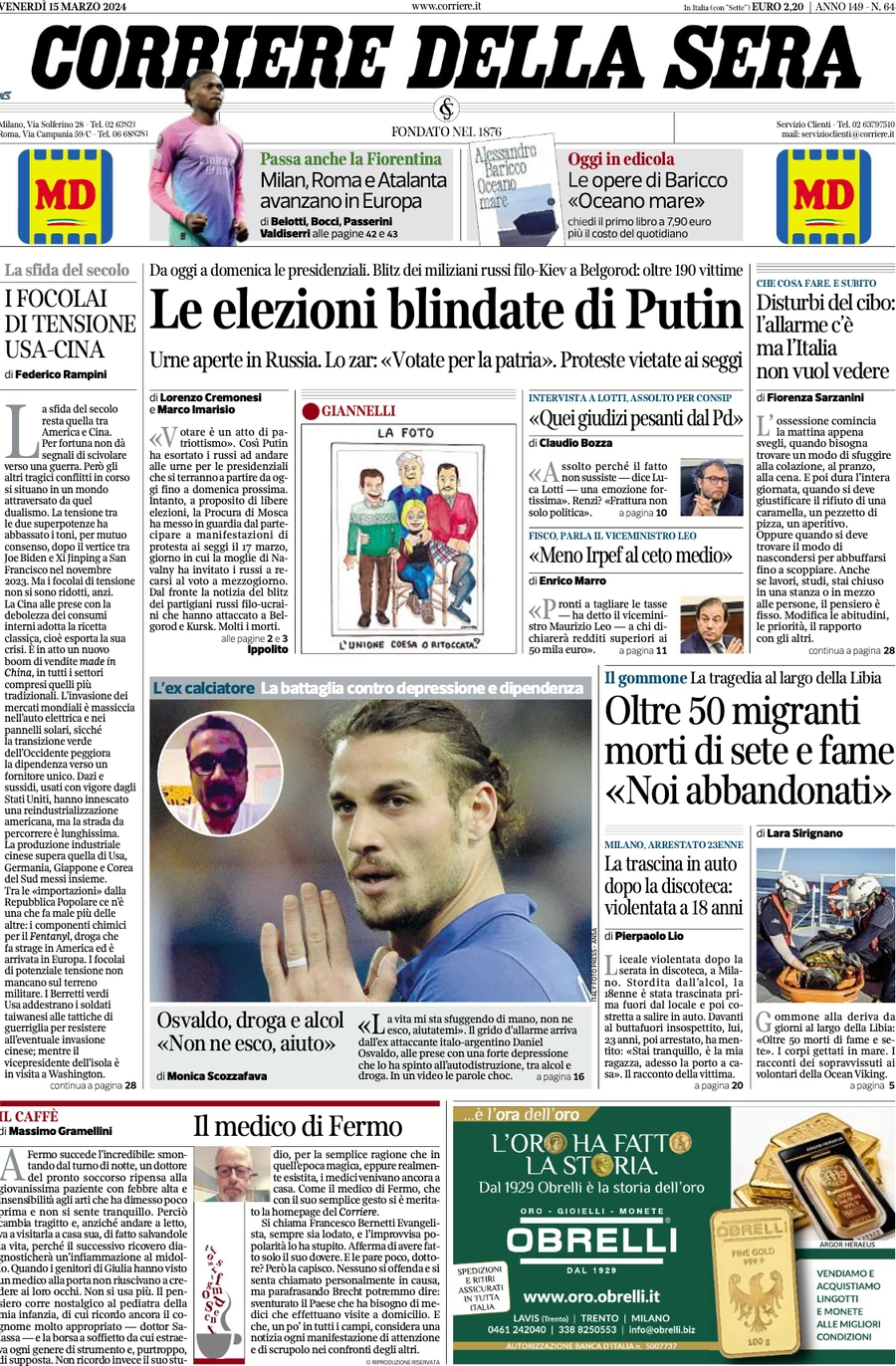 anteprima della prima pagina di corriere-della-sera del 15/03/2024