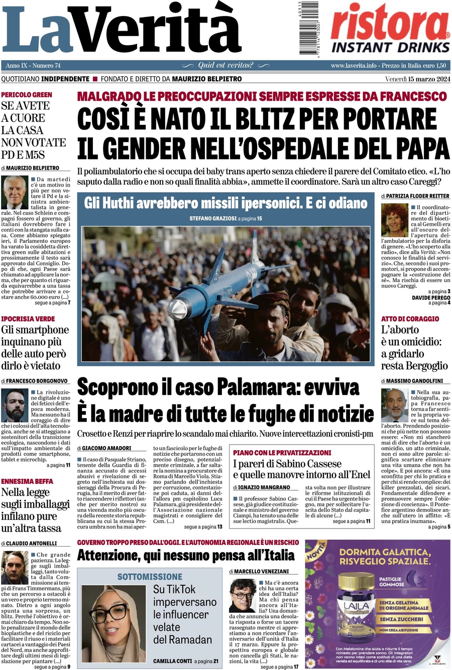 anteprima della prima pagina di la-verit del 15/03/2024