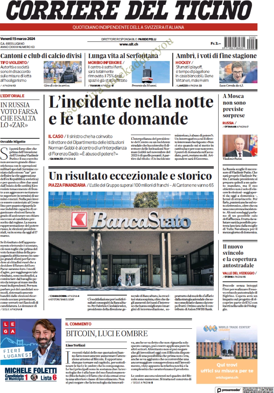 anteprima della prima pagina di corriere-del-ticino del 15/03/2024