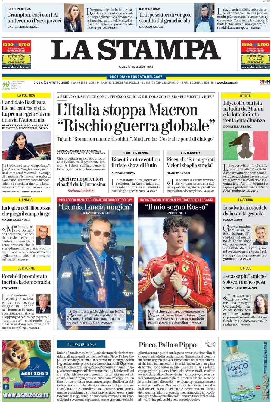 anteprima della prima pagina di la-stampa del 15/03/2024