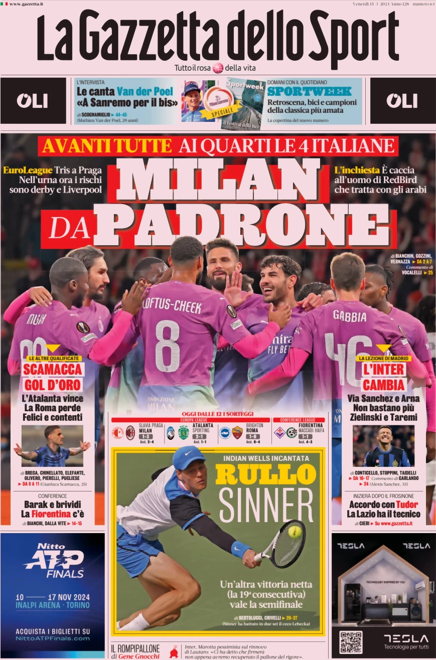 anteprima della prima pagina di la-gazzetta-dello-sport del 15/03/2024