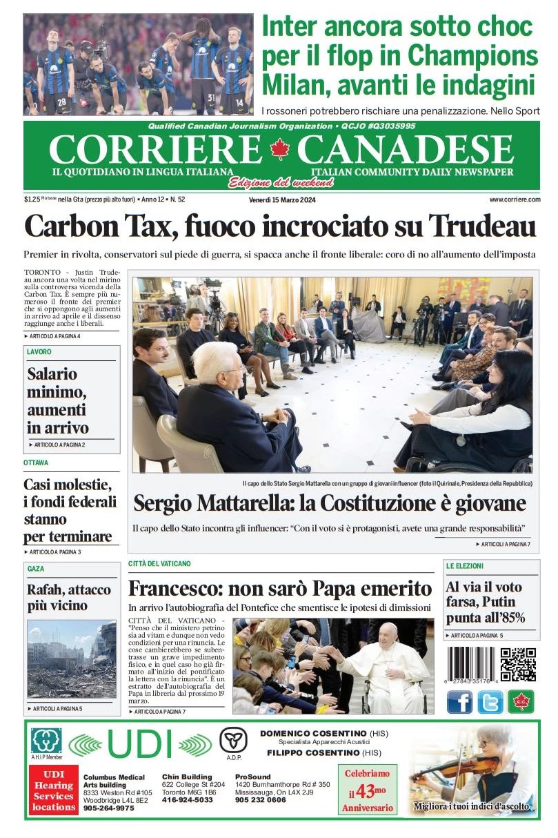 anteprima della prima pagina di corriere-canadese del 15/03/2024