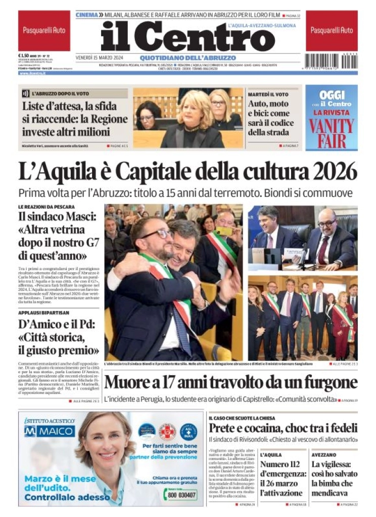 anteprima della prima pagina di il-centro-laquila del 15/03/2024