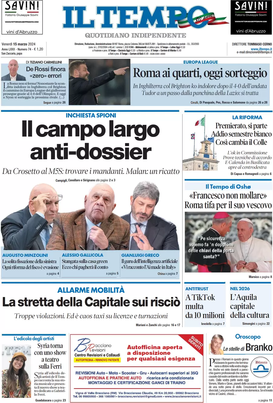 prima pagina - Il Tempo del 15/03/2024