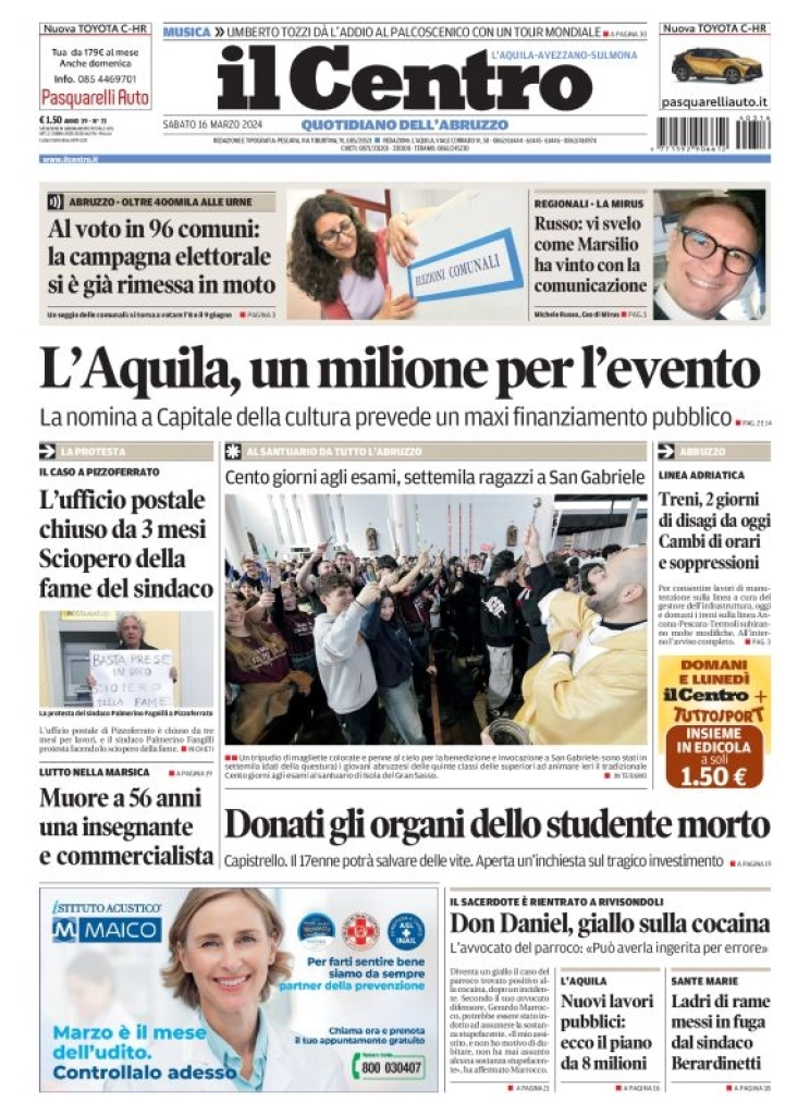 anteprima della prima pagina di il-centro-laquila del 16/03/2024