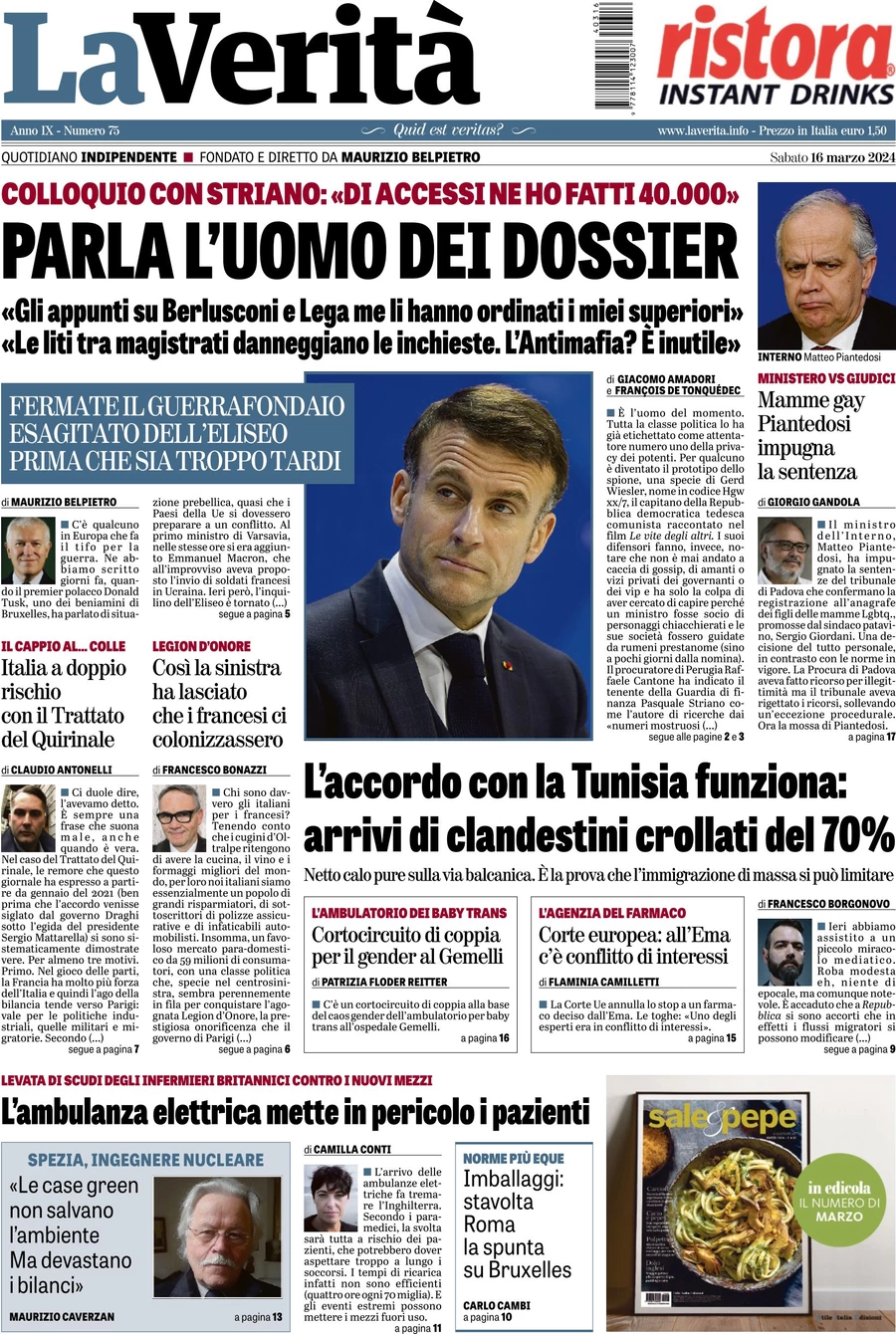 anteprima della prima pagina di la-verit del 16/03/2024