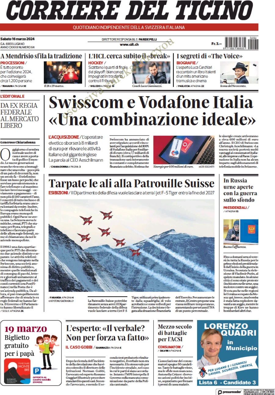 anteprima della prima pagina di corriere-del-ticino del 16/03/2024