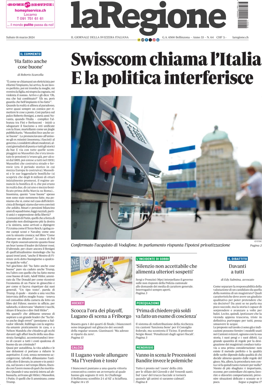 anteprima della prima pagina di la-regione del 16/03/2024