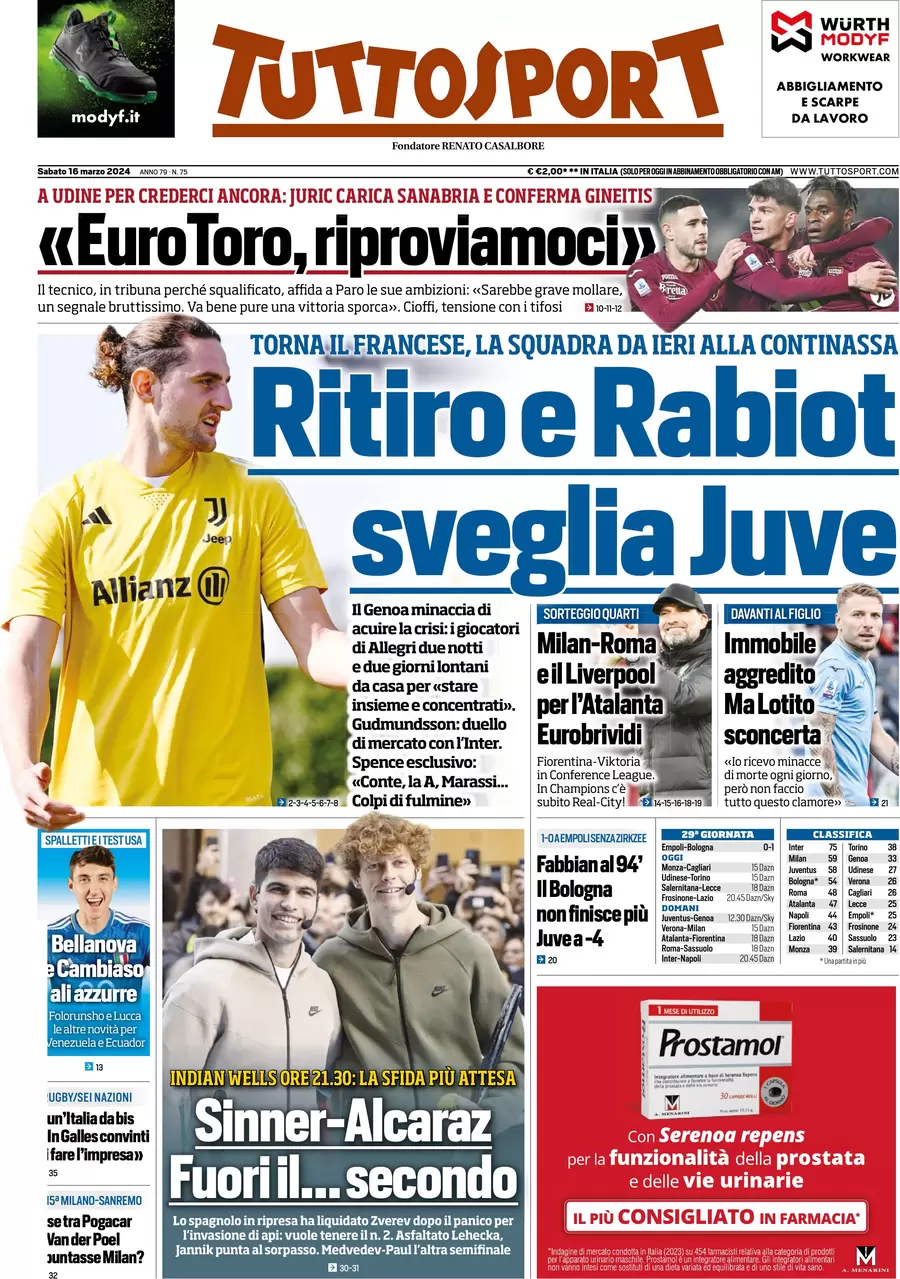 anteprima della prima pagina di tuttosport del 16/03/2024