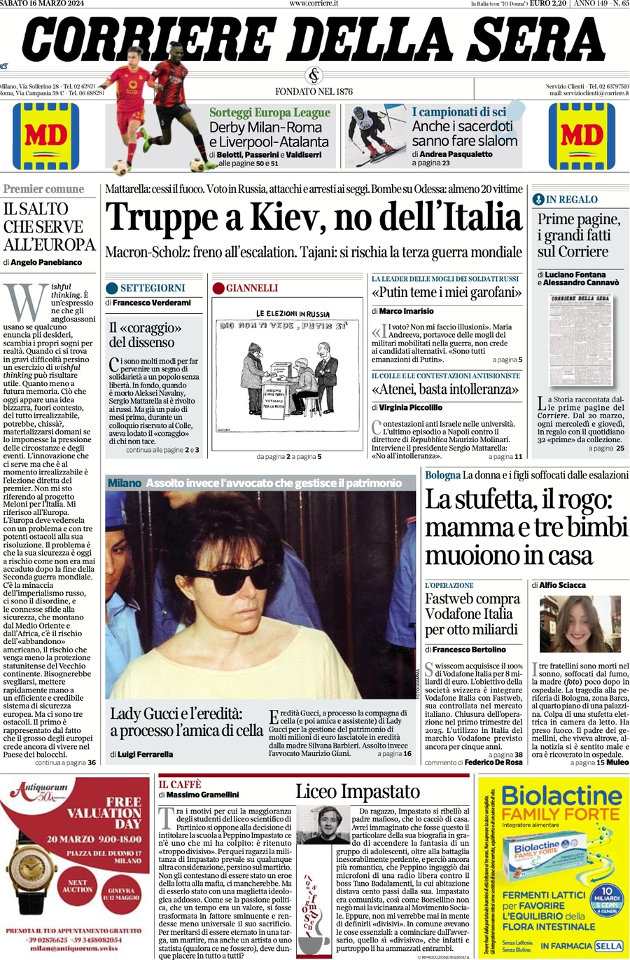 anteprima della prima pagina di corriere-della-sera del 16/03/2024