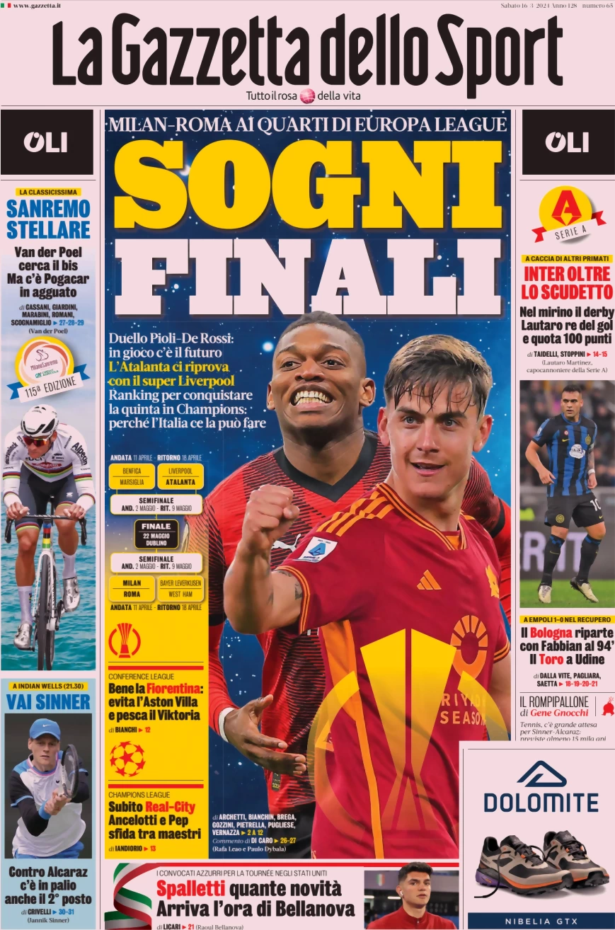 anteprima della prima pagina di la-gazzetta-dello-sport del 16/03/2024