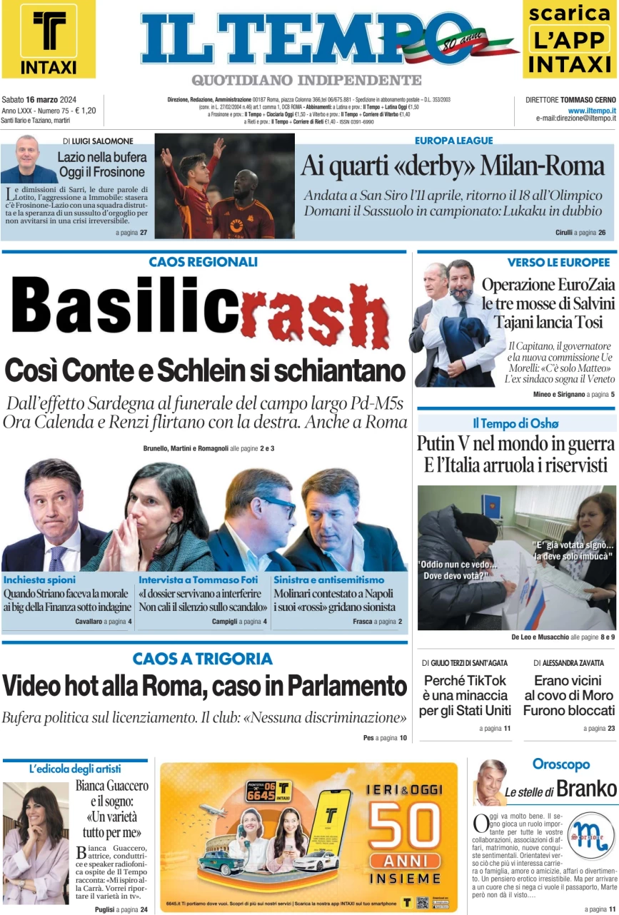 anteprima della prima pagina di il-tempo del 16/03/2024