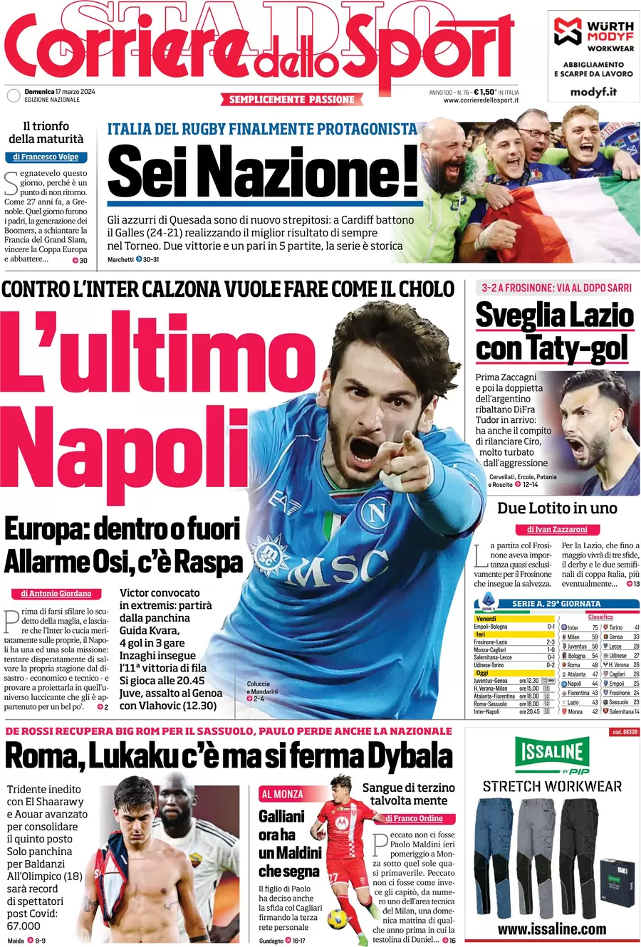 anteprima della prima pagina di corriere-dello-sport del 17/03/2024