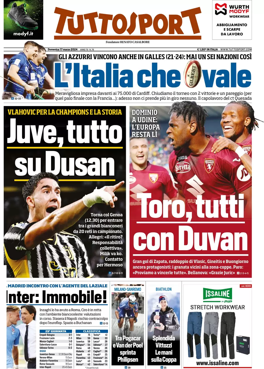 anteprima della prima pagina di tuttosport del 17/03/2024