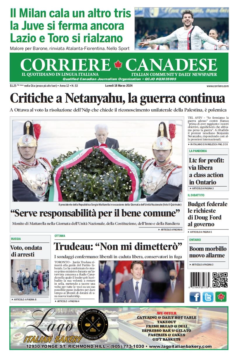 anteprima della prima pagina di corriere-canadese del 17/03/2024