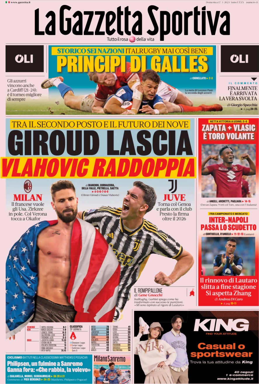 anteprima della prima pagina di la-gazzetta-dello-sport del 17/03/2024