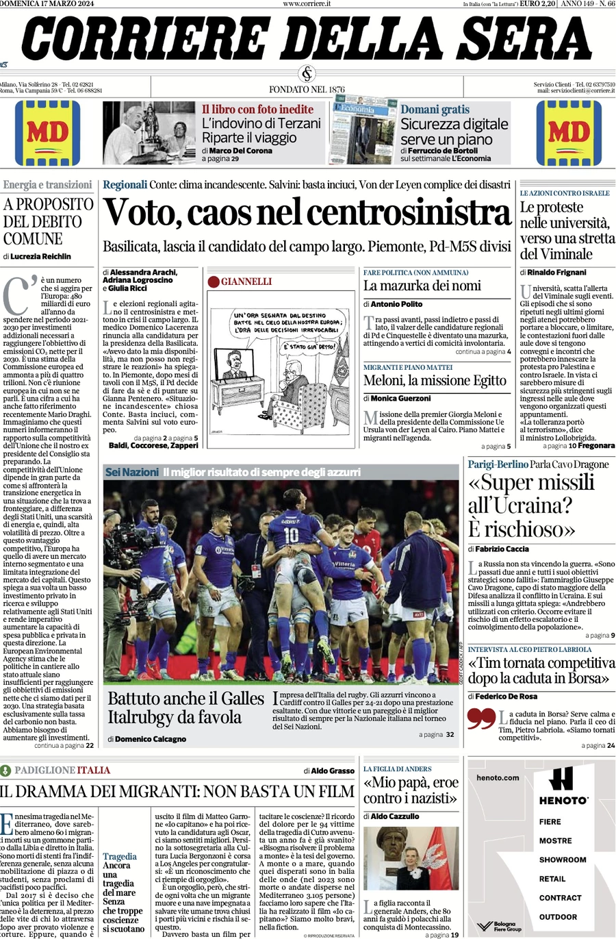 anteprima della prima pagina di corriere-della-sera del 17/03/2024