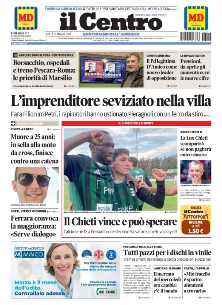 anteprima della prima pagina di il-centro-chieti del 18/03/2024