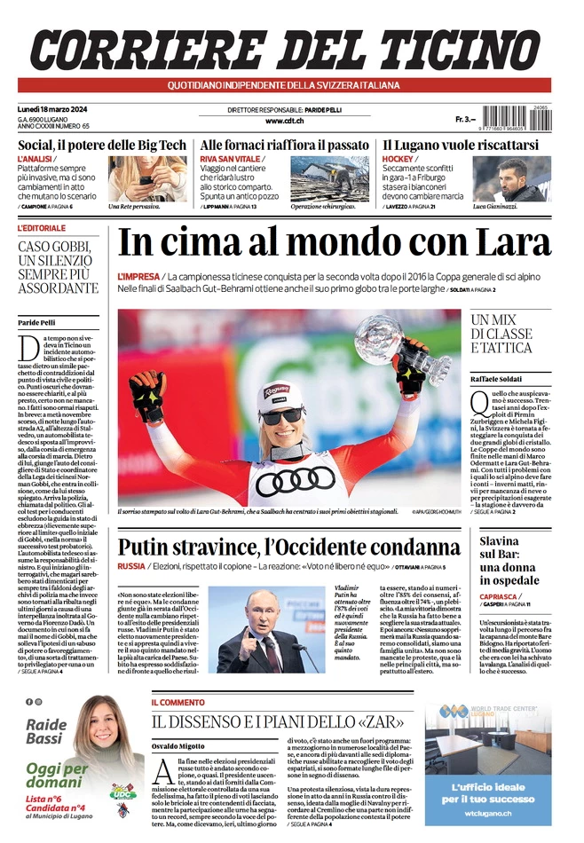 anteprima della prima pagina di corriere-del-ticino del 18/03/2024