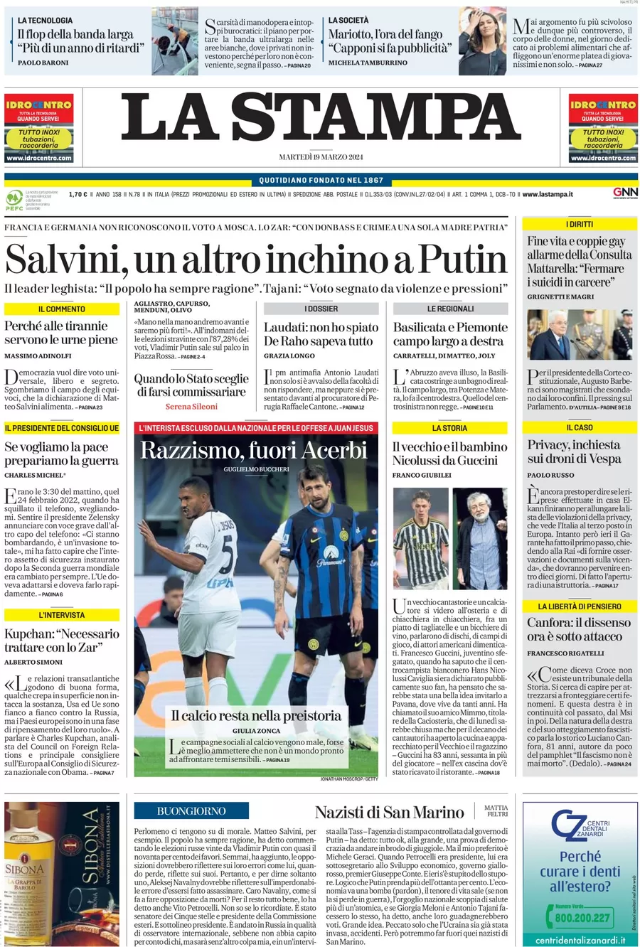 anteprima della prima pagina di la-stampa del 18/03/2024