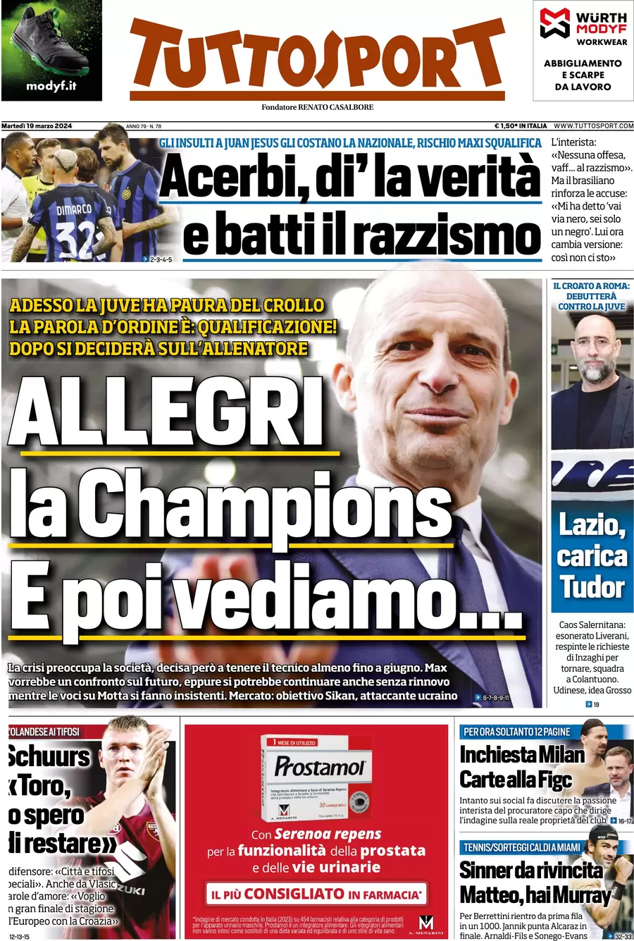 anteprima della prima pagina di tuttosport del 18/03/2024