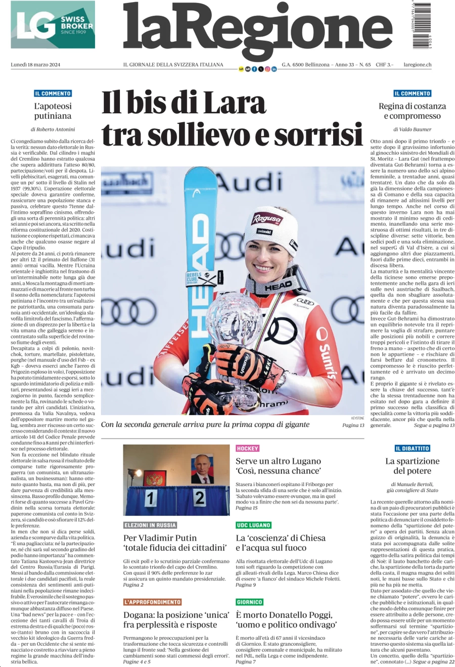 anteprima della prima pagina di la-regione del 18/03/2024