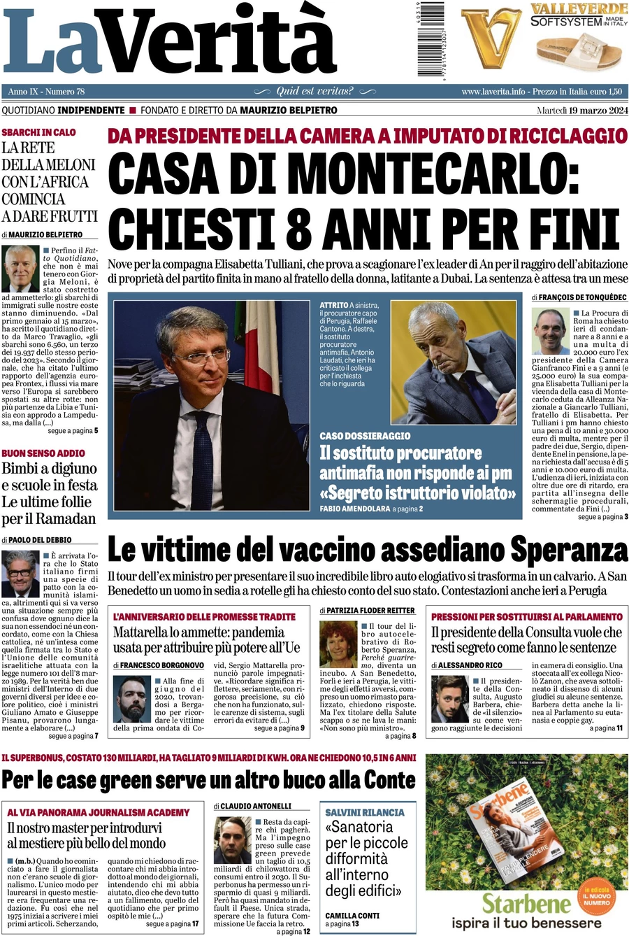 anteprima della prima pagina di la-verit del 18/03/2024